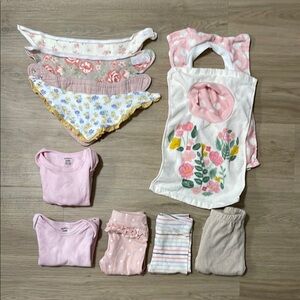3/6 month Floral and Pink Baby Bib and Clothing Set